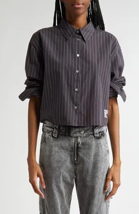 Acne Studios Satai Stripe Crop Organic Cotton Poplin Button-Up Shirt in Black/White J83 at Nordstrom, Size 10 Us
