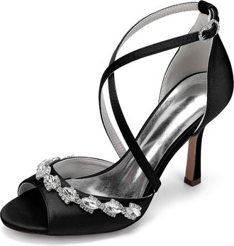 Generic Womens High Heel Sandals Open Toe Bridal Satin Crystal Stiletto Wedding Shoes Formal Prom Party Dress Shoes 9.5Cm,Black,10 UK