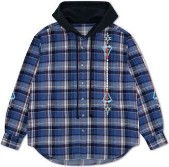 Fortela Embroidered Hooded Plaid Shirt in Blue at Nordstrom, Size 40 Eu