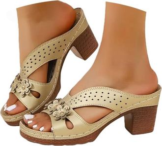 Generic Chunky Sandals for Women White Heels Block Heel Sandals for Women Chunky Block Mid Heels Flip Flop Slip on Square Toe Comfortable Heeled Dress Bridal 