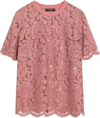 Dolce & Gabbana T-shirt met kanten ronde hals - Dames - T-shirts - Roze - L - Katoen - Tops