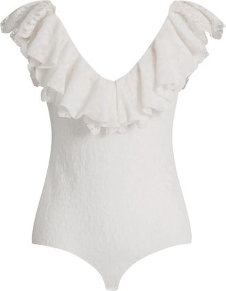 Alberta Ferretti Fitted V-Neck Bodysuit with Ruffled Lace Trim