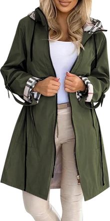 Generic Womens Lightweight Hooded Jacket Elegant Loose Fit Plaid Lined Windbreaker Autumn Winter Long Sleeve Casual Outdoor Sports Coat with Pockets