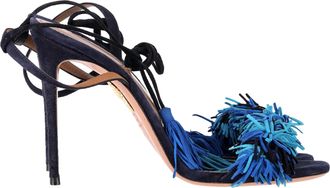 Aquazzura Pre-owned Womens Aquazzura Wild Thing Fringed Sandal Heels in Blue Suede - Size EU 40