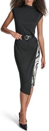 DKNY Funnel Neck Cap Sleeve Belted Dress in Black/Ivory at Nordstrom Rack, Size 10