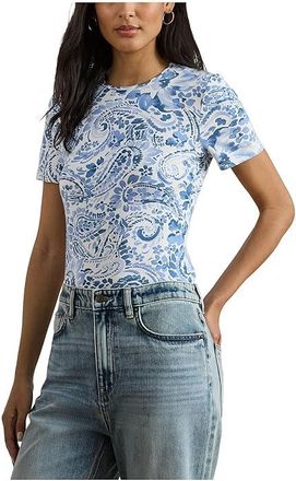Lauren Ralph Lauren Paisley Stretch Cotton Crewneck T-Shirts Womens Clothing White/Blue : XL, Cotton/Elastane