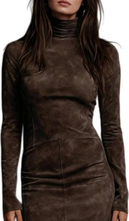 Generic Womens Vintage Suede Midi Dress Turtleneck Long Sleeve Bodycon Dresses, Autumn Casual Style (Coffee,M)