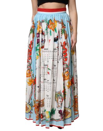 Dolce & Gabbana White Calendar Print Cotton Gathered Maxi Womens Skirt