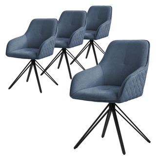 ML Design Ml-design - Set 4x Silla De Comedor Giratoria Con Respaldo Y Reposabrazos Asiento Azul De Tela Tejida Tapizado Con Patas De Metal Sill&oacute;n Dise&ntilde;o Ergon&oacute;