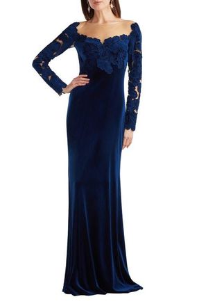 Tadashi Shoji Appliqu&eacute; Illusion Stretch Velvet Mermaid Gown in Navy at Nordstrom, Size 12