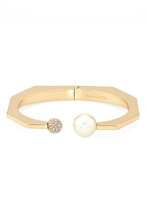 AllSaints Faux Pearl and Pav&eacute; Hinge Cuff in Pearl/Gold at Nordstrom