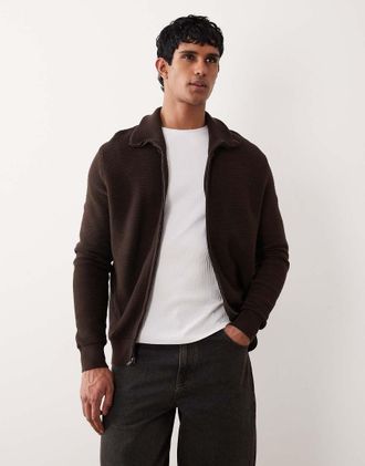 Mango Cardigan in 100% cotone color cioccolato testurizzato con zip-Marrone