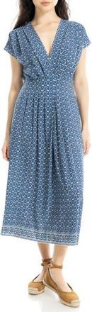Max Studio Surplice Neck Pleated Midi Dress in Cream/Blue Daisy Bars at Nordstrom Rack, Size X-Small