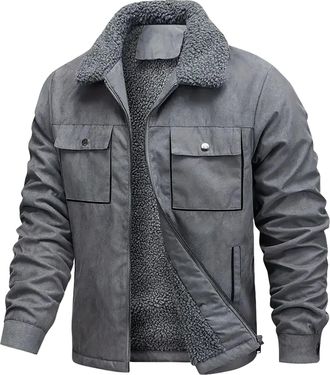 Generic Suede Fleece Jacket for Men Uk Sherpa Lined Military Jackets Long Sleeve Zip Up Lapel Bomber Jackets with Pockets Windbreaker Cargo Coats Casual Loose