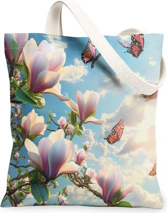 Generic Spring Magnolia Flower Canvas Tote Bag for Shopping 13x15, Floral Garden Landscape Reusable Grocery Print Bag for Women, Butterflies Beach Aesthetic P