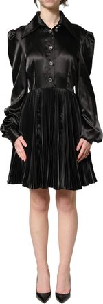 Dolce & Gabbana Womens Black Satin Long Puff Sleeves Pleated Dress Elastane Polyester