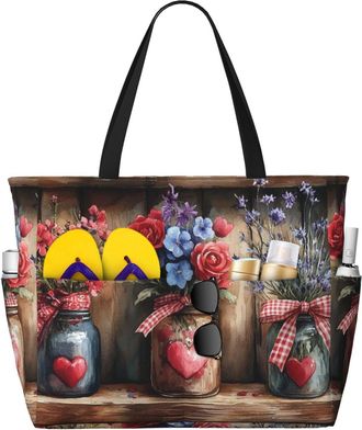 Generic Flowers Hearts Vase Print Large Beach Bag Foldable Travel Shoulder Tote Bag With Pocket For Weekender Pool Vacation
