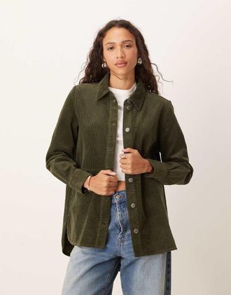 Jacqueline de Yong Camicia giacca comoda kaki in velluto a coste-Verde