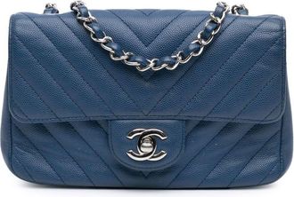 Chanel 2018 Mini Rectangular Classic Chevron Caviar Single Flap crossbody bag - Blue