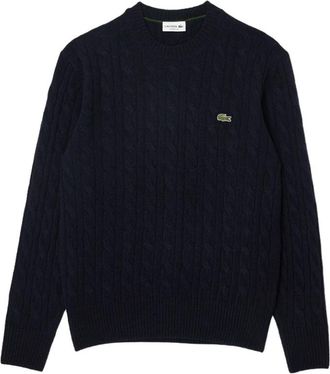 Lacoste Kabelgebreide wollen trui met ronde hals - Heren - Ronde hals truien - Blauw - L - Wol - Truien & Vesten