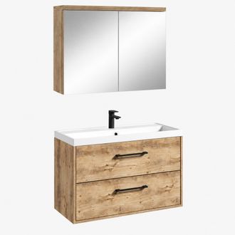 Badplaats Badplaats Mobile Bagno Florence 80 X 40 Cm - Rovere Castagno - Con Lavabo E Specchio Contenitore