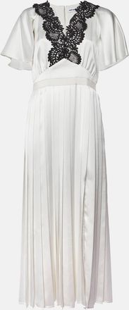 Self Portrait White Lace Trim Satin Pleated Maxi Dress
