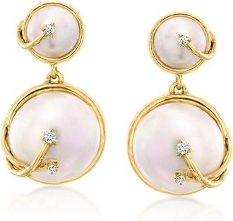 Ross-Simons 6-10mm Cultured Pearl Drop Earrings With Lab-Grown Diamonds in 18kt Gold Over Sterling
