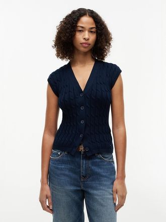 Tommy Hilfiger Womens Cable Knit Cardigan Vest - Navy - XS