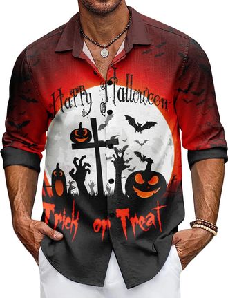 Generic Halloween Button Up Shirt for Men Fun Printed Casual Short Sleeve Hawaiian Aloha Shirts (UK, Alpha, M, Regular, Regular, 18)