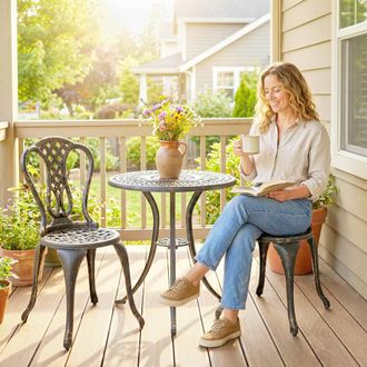 OUTSUNNY Outdoor Bistro Set Cast Aluminium Patio Furniture for 2, Brown in Bronze
