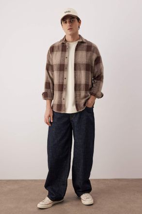 Trendyol MAN Heren Bruin Geruit Lang Regular fit Overhemden