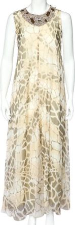 Roberto Cavalli Beige Printed Silk Chiffon Embellished Neck Detail Sleeveless Dress