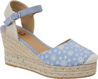 Shoes By Emma Womens Floral Embroidered Espadrille Wedges Platform Heel Adjustable Ankle Strap Summer Sandals (Blue, UK Footwear Size System, Adult, Women, Numeric,