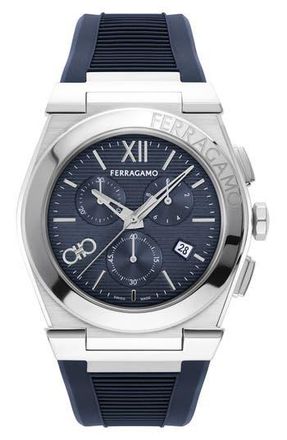 Ferragamo Vega Chronograph Silicone Strap Watch, 42mm in Stainless Steel at Nordstrom Rack