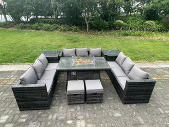 Fimous Outdoor Garden Corner Furniture Gas Fire Pit Table Heater Footstools 11 Seater in Dark Grey