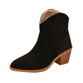 Generic Ankle Boots For Women Pointed Toe Chunky Block Heel Suede Cowboy Boots Western Style Retro Pull-On Booties Ladies Casual Shoes Autumn Winter Size 5.5