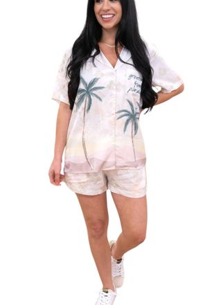 Vintage Havana Summer Paradise Satin Print Button Up In Cream/green