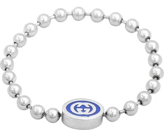 Gucci Interlocking G Boule Chain Sterling Silver Blue Enamel Bracelet, Size 16 - Yba753437001