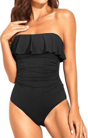 Holipick Strapless One Piece Swimsuits for Women Tummy Control Bandeau Bathing Suits Ruffle Slimming Swimwear, Black, Medium