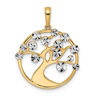 Diamond2Deal 14k Yellow Gold White Rhodium Diamond-cut Tree of Life Pendant
