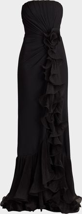Tadashi Shoji Pleated Strapless Ruffle Gown