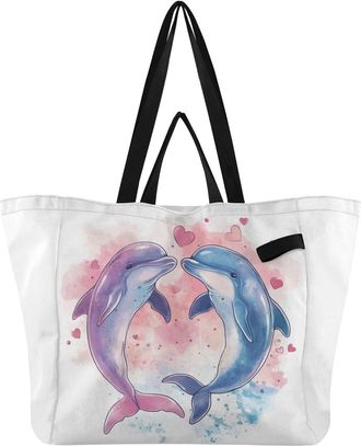 Generic Pink Blue Dolphin Heart print Reusable Canvas Tote Bag, Heavy Duty Grocery Shopping Bag with Hard Bottom Large Capacity Double Handles Work Groceries 