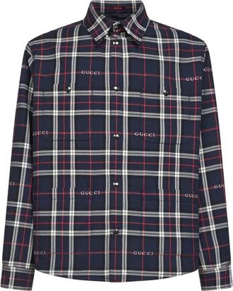 Gucci Casual Shirts, male, Blue, Size: L Tartan Cotton Jacquard Padded Shirt
