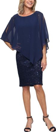 S.L. Fashions Chiffon Capelet Floral Lace Cocktail Dress in New Navy at Nordstrom, Size 18
