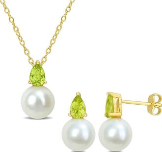 Delmar Peridot & Freshwater Pearl Stud Earrings & Pendant Necklace Set in Green at Nordstrom Rack