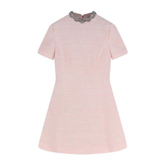 Valentino Embroidered Crinkle Cotton Tweed Short Dress - female - Valentino - Short Dresses - Pink - M - Dresses