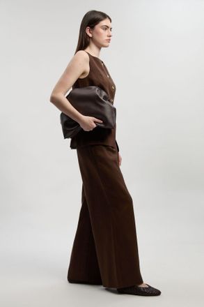 Karen Millen Womens Petite Tailored Linen Wide Leg Trouser - Chocolate Lyocell - Size 14 UK