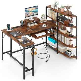 Costway Scrivania Angolare a Forma di L, Scrivania ad Angolo Salvaspazio con Stazione di Ricarica, Scaffale, Supporto per Monitor, Gancio per Cuffie
