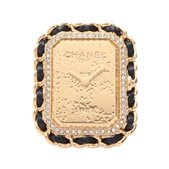 Chanel Gold Black Clear Gold Plating Rhinestone Band Ring (Pre-Owned)
