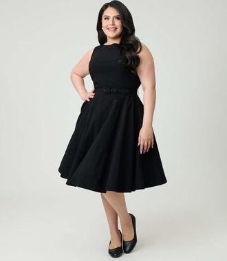 Unique Vintage Plus Size Long Sleeve Belted Devon Swing Dress in Black Solid at Nordstrom, Size 4X